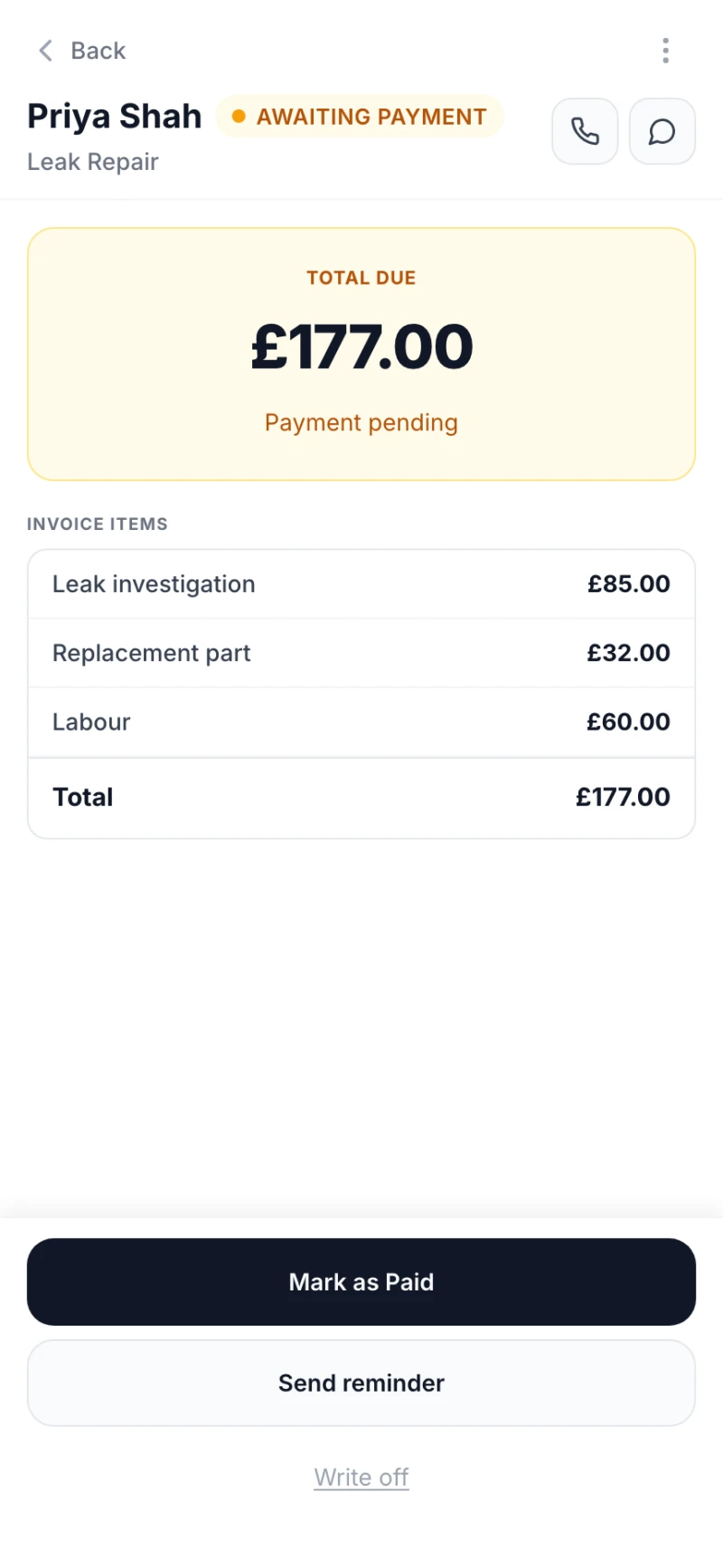 Buildlogg job screen with payment due